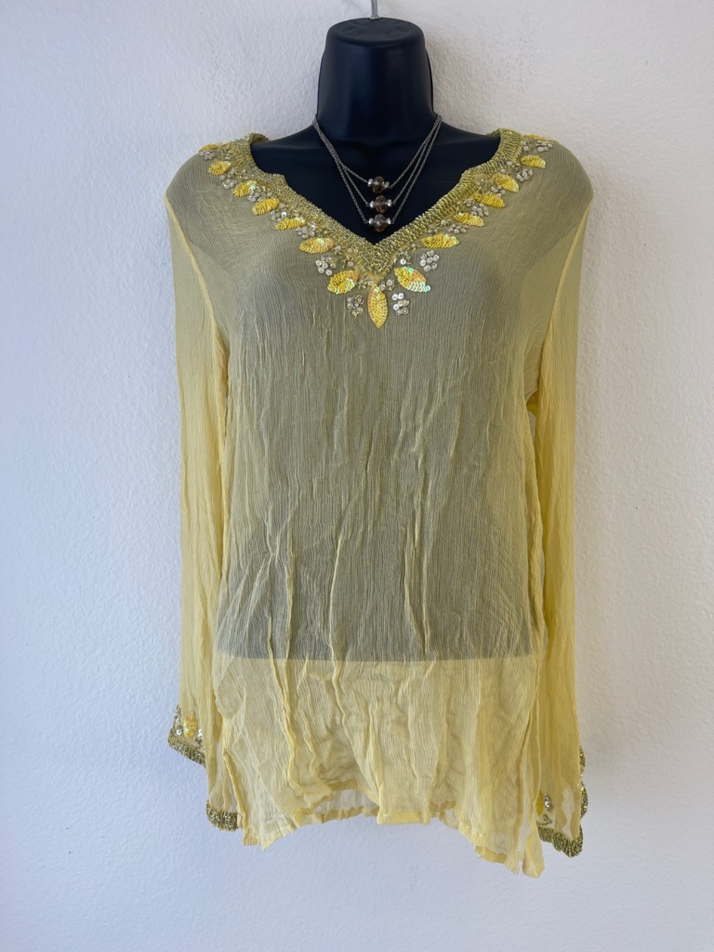 Glamour Sheer Embellished Yellow V-Neck Tunic